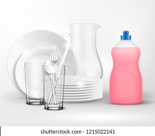 Detergent bottle clean dish wash composition with realistic plates and dishes with plastic bottle of dish soap vector illustration