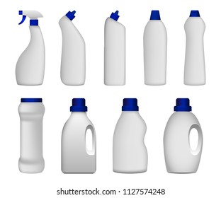 Detergent Bottle Cleaning Powder Washing Mockup Set. Realistic Illustration Of 9 Detergent Bottle Cleaning Powder Washing Mockups For Web