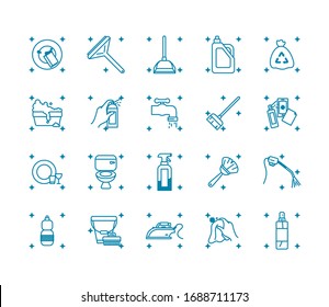 Waschmittelflasche und Reinigungstools Symbol auf weißem Hintergrund, Linienstil, Vektorillustration