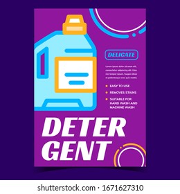 Detergent Bottle Creative Advertise Banner Vector. Detergent Plastic Container For Delicate Wash Clothes. Washing And Cleaning Laundry Service Concept Template Stylish Color Illustration