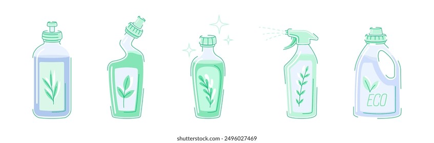 Detergent Bottle with Eco Label and Closed Cap as Household Cleaning Equipment Vector Set