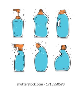 Detergent bottle elements set hand drawn in a doodle cartoon style. Vector illustration of isolated on white background. Washing, cleansing agent.