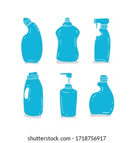 Detergent bottle elements set hand drawn in a doodle cartoon style. Vector illustration of isolated on white background. Washing, cleansing agent.