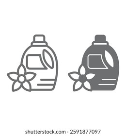 Detergent bottle and flower line and solid icon, laundry care concept. Vector graphics. Aroma shampoo for washing clothes, cloth sign on white background, outline style icon for mobile or web design