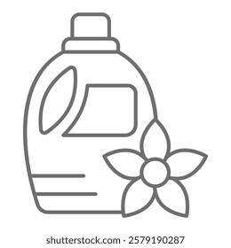 Detergent bottle and flower thin line icon, laundry care concept. Vector graphics. Aroma shampoo for washing clothes, cloth sign on white background, outline style icon for mobile or web design