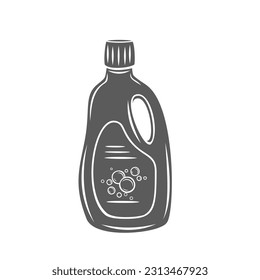 Detergent bottle glyph icon vector illustration. Stamp of plastic package with chemical liquid detergent for cleaning or laundry, silhouette of container with lid, handle and soap bubbles on label