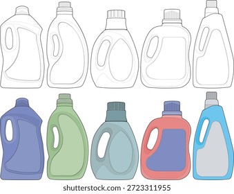 Conjunto de ilustración de botella de detergente con estilos de contorno y color completo con varias Formas de botella y áreas de etiquetas. Ideal para maquetas de diseño de empaques, conceptos de productos de limpieza para el hogar, presentaciones de marcas, diagramas de instrucciones y visualización de productos.