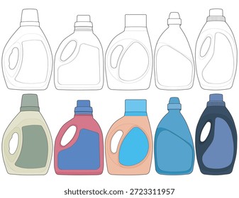 Conjunto de ilustración de botella de detergente con estilos de contorno y color completo con varias Formas de botella y áreas de etiquetas. Ideal para maquetas de diseño de empaques, conceptos de productos de limpieza para el hogar, presentaciones de marcas, diagramas de instrucciones y visualización de productos.