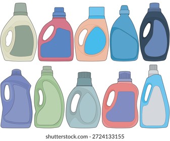 Conjunto de ilustración de botella de detergente a todo color con varias Formas de botella modernas y áreas de etiquetas. Adecuado para el empaquetado de productos de limpieza para el hogar, maquetas de marca, imágenes de marketing, presentaciones de productos y conceptos de diseño comercial.