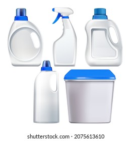 detergent bottle plastic container set. soap product. household liquid. laundry cleaner. white package mockup. toilet bleach blank. 3d realistic vector svg