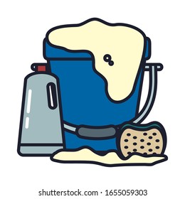 detergent bottle sponge and bucket line and fill style icon design, Cleaning service wash home hygiene equipment domestic interior housework and housekeeping theme Vector illustration