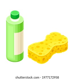 Detergent Bottle and Sponge as Household Cleaning Equipments Isometric Vector Composition