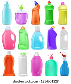 Detergent bottle vector cartoon plastic blank container with detergency liquid and mockup household cleaner product for laundry illustration set of cleanup deterge package isolated on white background