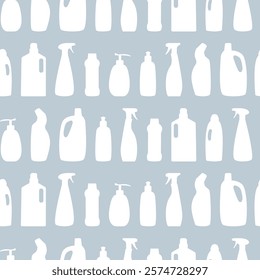 Detergent bottle white silhouette seamless pattern. Various cleaning hygiene chemical container background. Simple minimalist Household cleanup products for package wallpaper wraps design print