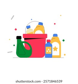 Detergent Bottles And Bucket For Cleaning In Flat Vector Illustration Symbolizing Home Hygiene And Housekeeping, Isolated On White Background