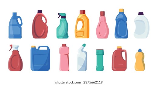 Detergent bottles. Chemical liquid soap and bleach for cleaning, household disinfectant products for housekeeping. Vector laundry chemical tubes set. Plastic containers for hygiene