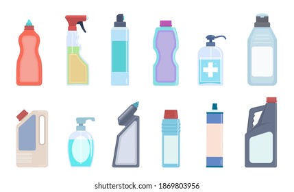 Detergent bottles. Cleaning supplies in plastic containers, bleach and household chemicals bottle collection, sanitary washing products for kitchen, toilet and home vector isolated flat colorful set