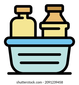 Detergent bottles in container icon. Outline detergent bottles in container vector icon color flat isolated