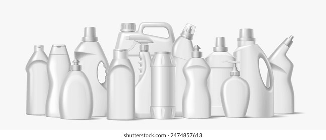 Detergent bottles with design template realistic vector illustration set. Home cleaning products packages 3d objects on white background