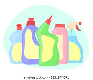 Detergent bottles household chemicals set isolated. Colorful bottles of various shapes.Vector illustration in cartoon style.