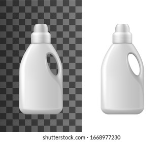 Detergent bottles mockup, isolated 3d vector white blank realistic plastic bottle. Household chemicals tube for cleaning with handle, liquid soap, stain remover, laundry bleach or cleaner