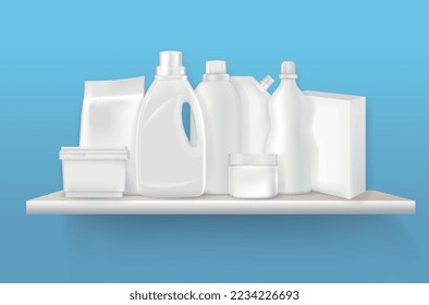 Detergent bottles packages on shelf realistic composition with view of standing mockup containers of different shape vector illustration