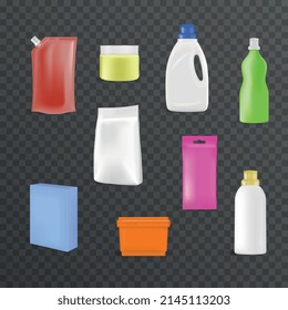 Detergent bottles packages realistic icon set with colorful storage containers for household chemicals on transparent background vector illustration