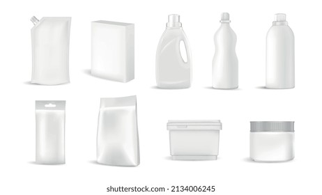Detergent bottles packages realistic set with isolated images of plastic containers and jars with dispenser caps vector illustration