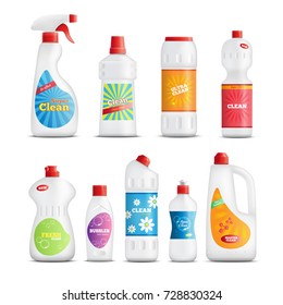 Detergent bottles realistic identity collection with branded packaging of home care products for toilet bathroom cleaning vector illustration