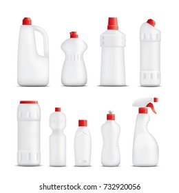 Detergent bottles realistic set of isolated plastic packaging of different shape for cleaning substances without labels vector illustration