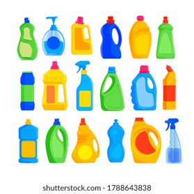 Detergent bottles set. Isolated blank plastic detergent bottles mockup icon collection. Cleaner spray container template. Vector liquid chemical product for housework