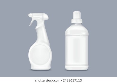 Detergent bottles set isolated on gray background. Vector realistic illustration of white plastic container mockup with spray trigger, blank branding space, home textile washing gel, cloth softener