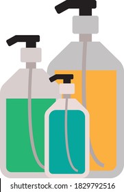 Detergent bottles of soap (yellow, blue, green) vector art dispensers isolated Prevent cold, flu, coronavirus, COVID-19