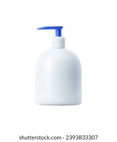 Detergent and clean product plastic bottle mockup. Isolated 3d vector white container with blue pump. Packaging for cream, soap or liquid products, showcasing its realistic design and functionality