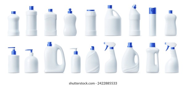 Detergent and clean product plastic bottles mockup. Isolated 3d vector set, showcasing sleek packages design for spotless homes. Professional containers, eco-friendly canisters, ready for branding