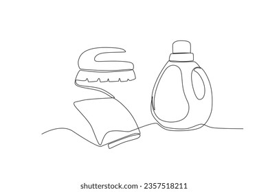 A detergent and cleaning brush. Cleaning supplies one-line drawing