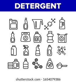 Detergent Cleaning Collection Icons Set Vector. Detergent Molecular Formula And Package With Cleanser, Measuring Bowl And Canister Concept Linear Pictograms. Monochrome Contour Illustrations