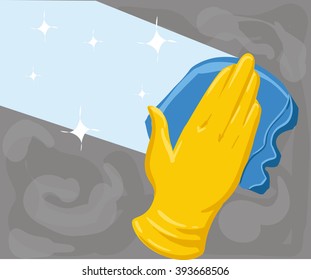 detergente para limpiar ventanas Concepto fondo para el servicio de limpieza. Mano en guante amarillo limpia la ventana Ilustración vectorial