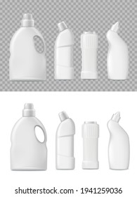 Detergent and cleanser bottles packaging 3d vector mockup. Realistic blank plastic packages, white household chemicals tubes with liquid soap, stain remover, laundry bleach or cleaner isolated set