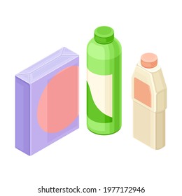 Detergent and Cleansing Agent in Plastic Bottles as Household Cleaning Equipments Isometric Vector Composition