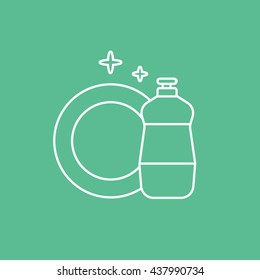 Detergent and Dish Line Icon On Green Background