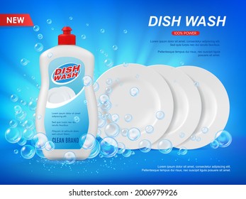 Detergent dishware cleaner with plates and bubbles. Dish wash vector ad background with soap and clean white dishes shining. Dishwashing liquid advertising poster template, realistic 3d promo design