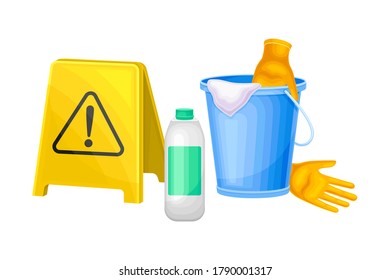 Detergent and Disinfectant in Bottle and Bail with Gloves for Household Chores Vector Illustration