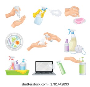 Detergent and Disinfectant in Dispenser Bottle and Hand Using It Vector Set
