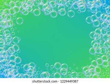 Detergent foam. Soap bath bubble and suds for bathtub. Shampoo. Bright fizz and splash. Realistic water frame and border. 3d vector illustration template. Green colorful liquid detergent foam
