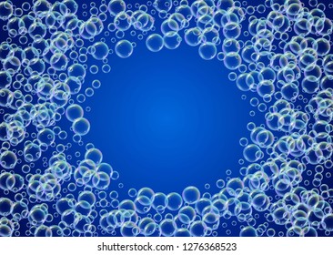 Detergent foam. Soap bath bubble and suds for bathtub. Shampoo. Stylish fizz and splash. Realistic water frame and border. 3d vector illustration invite. Blue colorful liquid detergent foam