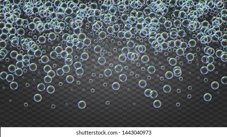 Detergent foam. Soap bath bubble and suds for bathtub. Shampoo. 3d vector illustration banner. Minimal fizz and splash. Realistic water frame and border. Isolated colorful liquid detergent foam