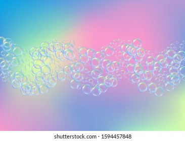 Detergent foam. Soap bath bubble and suds for bathtub. Shampoo. Minimal fizz and splash. Realistic water frame and border. 3d vector illustration poster. Rainbow colorful liquid detergent foam