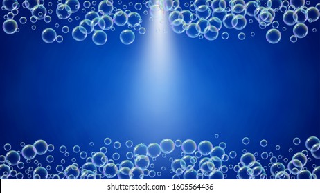 Detergent foam. Soap bath bubble and suds for bathtub. Shampoo. 3d vector illustration design. Trendy fizz and splash. Realistic water frame and border. Blue colorful liquid detergent foam