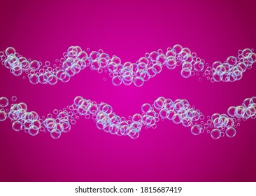 Detergent foam. Soap bath bubble and suds for bathtub. Shampoo. Trendy fizz and splash. Realistic water frame and border. 3d vector illustration flyer. Purple colorful liquid detergent foam